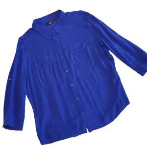 Blue Drapey Button Up Blouse Roll Tab Sleeves XL